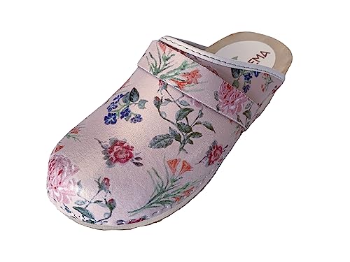 Solema TRIS Lederschuhe Clog Pantolette Komfortschuhe Hausschuhe, Damen, Cremefarbene Blumen, EU 39 von Solema