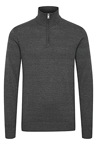 Solid Bamaro Herren Strickpullover Troyer Feinstrick Pullover mit Stehkragen aus 100% Baumwolle, Größe:L, Farbe:Medium Grey Melange (1802011) von Solid