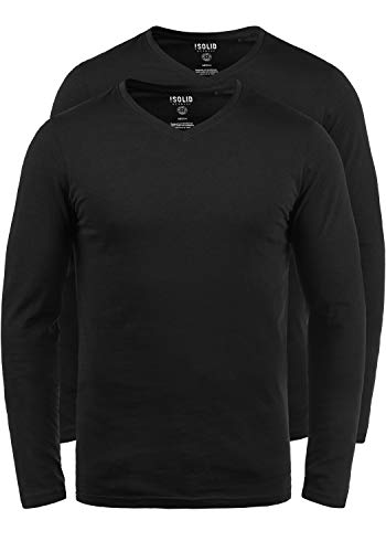 Solid Basil Herren Longsleeve Langarmshirt Shirt Basic Aus 100% Baumwolle Mit V- Ausschnitt Im 2er Pack, Größe:XXL, Farbe:Black (9000) von Solid