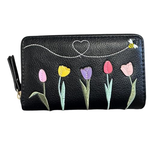 Bestickte Biene und Tulpen Geldbörse mit umlaufendem Reißverschluss für Damen und Mädchen, Schwarz , Einheitsgröße, Zeitgenössisch Bestickte Biene und Tulpen Geldbörse mit umlaufendem Reißverschluss für Damen und Mädchen, Schwarz , Einheitsgröße, Zeitgenössisch von Solis Accessories