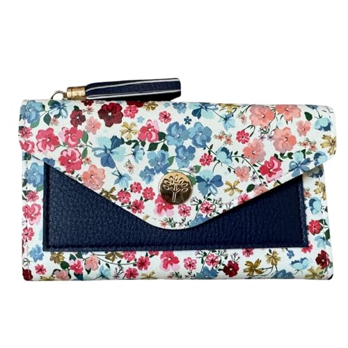 Solis Accessories Geldbörse mit Blumenmuster, Kunstleder, Quaste, 8 Kartenfächer, Münzfach mit Reißverschluss, Marineblau mit Blumenmuster, 10 X 7.5 Centimeters, Blumenmuster von Solis Accessories