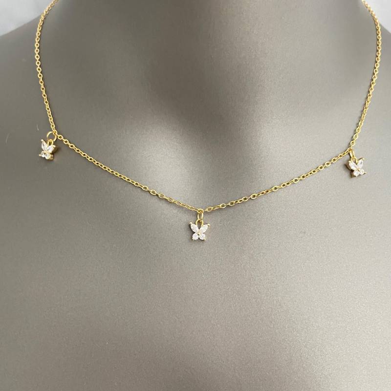 Dreifaltige Schmetterling Halskette - Vergoldet Oder Versilbert | Zierlicher Funkelnder Schmuck Nettes Geschenk Für Sie Teen Mädchen von Solistar