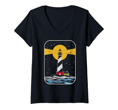 Damen Leuchtturm an der Küste, Leitlicht Ocean Beacon Harbor T-Shirt mit V-Ausschnitt Damen Leuchtturm an der Küste, Leitlicht Ocean Beacon Harbor T-Shirt mit V-Ausschnitt von Solitary Beacon Seascape Guiding Light