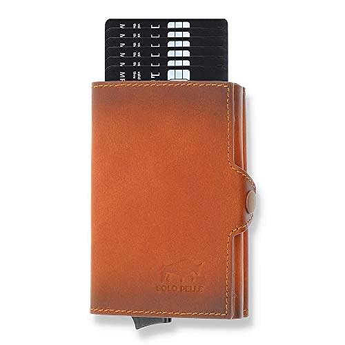 Solo Pelle Kartenetui | Kreditkartenetui | Leder Geldbörse Slim Wallet Portmonee | Geldbeutel mit RFID Schutz für bis zu 11 Karten Model: Mech (Cognac Braun mit Scheinfach + Münzfach) von Solo Pelle