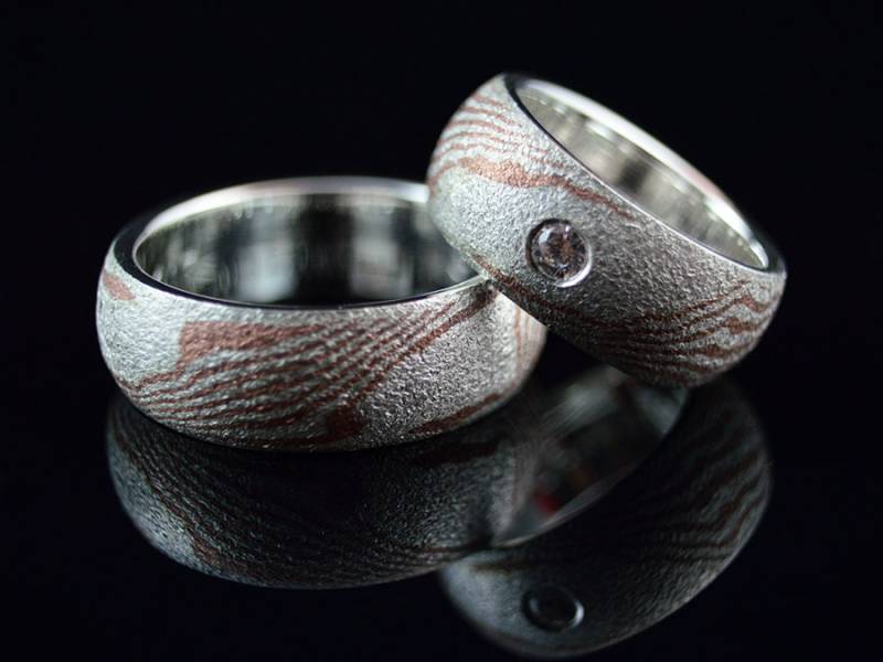 Partnerringe/Trauringe Mokume Gane Struktur 2 Silber Kupfer von Solo1Unikatschmuck