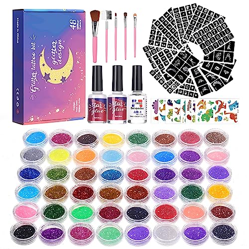 Solong Kinder Glitzer Tattoo Set - 48 Farbglitzer, 318 Schablonen - Wasserfest, Hautfreundlich, Ideal für Geburtstage, Partys und Karneval von Solong Tattoo