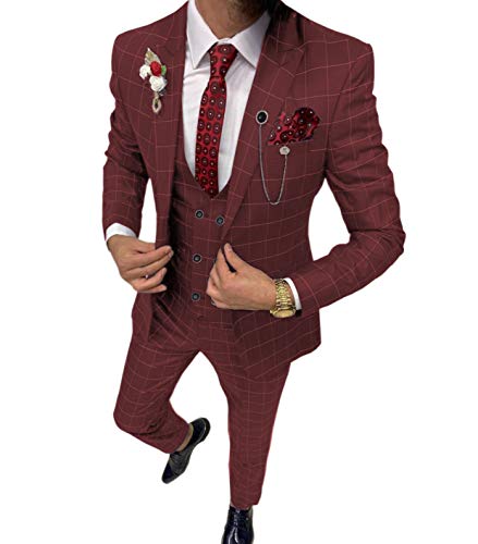 Herren 3 Stück Herren Anzug Plaid Slim Fit Blazer Smoking für Hochzeit Trauzeugen (Blazer+Weste+Hose), Burgunder, 54 von Solove-Suit