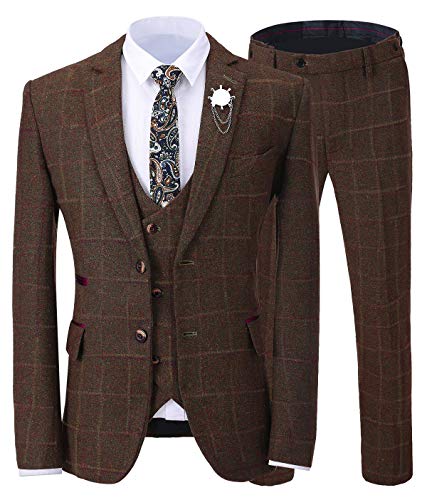 Solove-Suit Herren 3 Stücke Formeller Center Vent Herren Anzug Slim Fit Klassisches Design Kaffee Smoking Für Hochzeit Groomsmen (Blazer + Weste + Hose)(Kaffee,34) von Solove-Suit