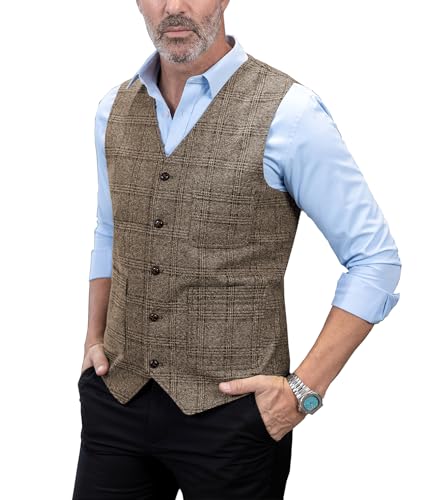 Solove-Suit Herren Casual Freizeit AnzugWeste Plaid Tweed Slim Fit Weste for Hochzeits-Trauzeugen(Braun,Kundengebundene Größe) von Solovedress