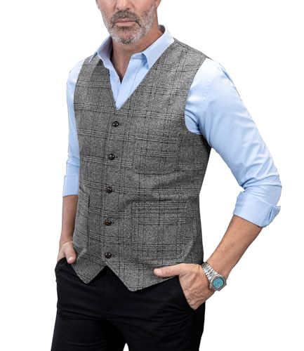 Solove-Suit Herren Casual Freizeit AnzugWeste Plaid Tweed Slim Fit Weste for Hochzeits-Trauzeugen(Grey,Kundengebundene Größe) von Solove-Suit