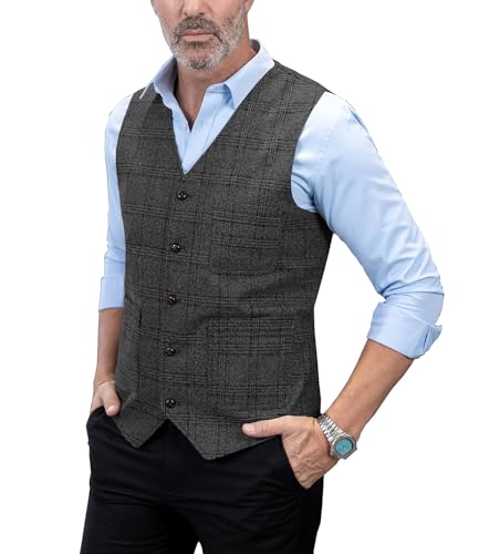 Solove-Suit Herren Casual Freizeit AnzugWeste Plaid Tweed Slim Fit Weste for Hochzeits-Trauzeugen(Schwarz,XL) von Solove-Suit