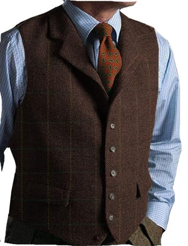 Solove-Suit Herren Casual Plaid AnzugWeste Tweed Slim Fit Weste for Hochzeits-Trauzeugen(Coffee,L) von Solove-Suit