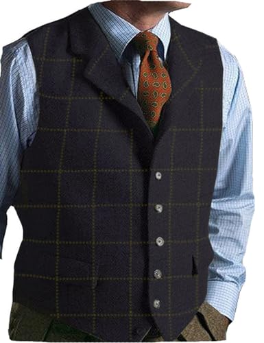 Solove-Suit Herren Casual Plaid AnzugWeste Tweed Slim Fit Weste for Hochzeits-Trauzeugen(Dark Navy,XXL) von Solove-Suit