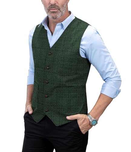 Solove-Suit Herren Elegant Anzug Weste Kariert Plaid Slim Fit Wolle Tweed Weste für Hochzeits(Green,L) von Solove-Suit