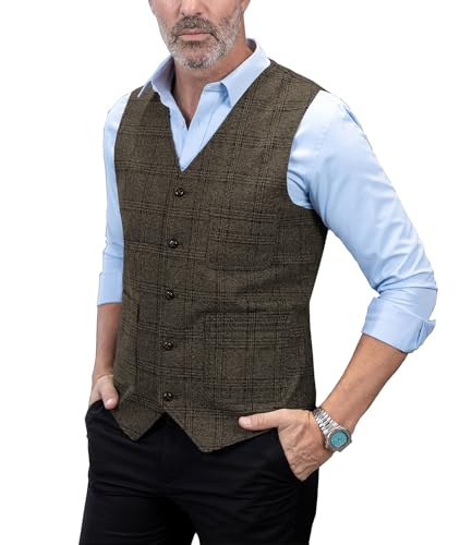 Solove-Suit Herren Elegant Anzug Weste Kariert Plaid Slim Fit Wolle Tweed Weste für Hochzeits（Kaffee，S von Solovedress