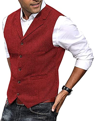 Solove-Suit Herren Elegant Anzug Weste Kerbe Revers Casual Slim Fit Wolle Tweed Weste für Hochzeits(Rot,M) von Solove-Suit