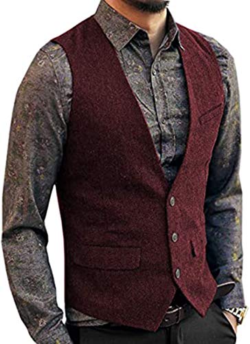 Solove-Suit Herren Lässig Fischgrätenmuster Tweedwolle Anzug Weste V-Ausschnitt Slim Fit Weste für Hochzeit Groomsmen（Burgund，XL von Solove-Suit