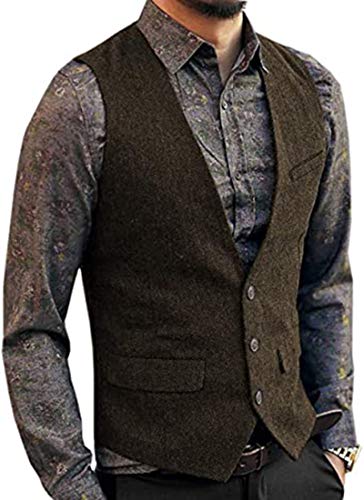 Solove-Suit Herren Lässig Fischgrätenmuster Tweedwolle Anzug Weste V-Ausschnitt Slim Fit Weste für Hochzeit Groomsmen（Kaffee，L von Solove-Suit