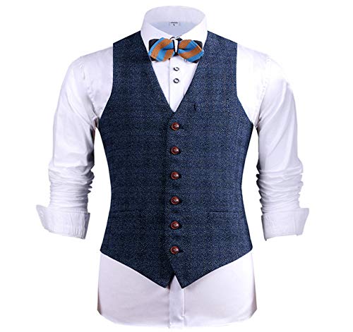 Solove-Suit Herren Vintage Plaid Anzug Weste V-Ausschnitt Slim Fit Weste für Hochzeit Groomsmen（Marine，L von Solove-Suit