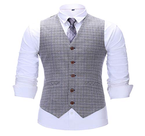 Solove-Suit Herren Vintage Plaid Anzug Weste V-Ausschnitt Slim Fit Weste für Hochzeit Groomsmen（Silber，L von Solove-Suit