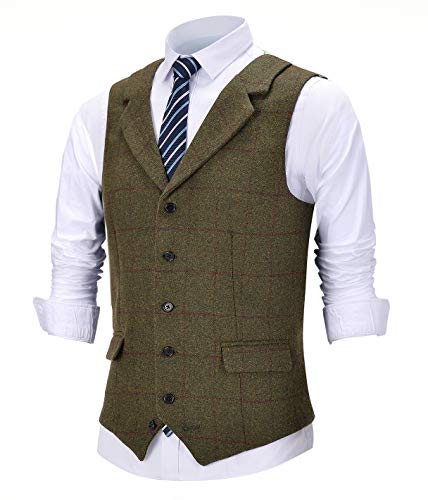 Solove-Suit Herren Vintage Tweedwolle Anzug Weste Schottisches Plaid Notch Revers Slim Fit Weste für Hochzeit Groomsmen（Armeegrün，Kundengebundene Größe von Solove-Suit