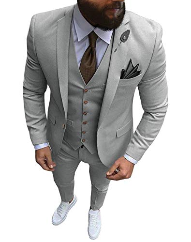 Solove-Suit Männer 3 Stück Slim Fit One Button Formal Business Männer Anzug Groomsman Smoking Für Hochzeit (Blazer+Weste+Hose)(Silber-Grau,52) von Solove-Suit