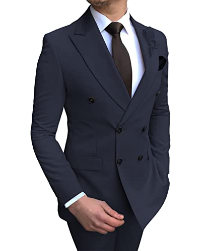 Anzüge für Herren 2 Teilig Zweireiher Spitzenrevers Sakkos Smoking für Hochzeit (Blazer + Hose)(Marine,S) von Solovedress