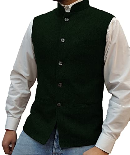 Herren Jahrgang Anzug Weste Hoher Kragen Wolle Tweed Weste für Hochzeits(Armeegrün.XXL) von Solovedress