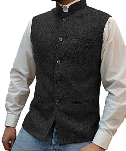 Herren Jahrgang Anzug Weste Hoher Kragen Wolle Tweed Weste für Hochzeits(Schwarz.XXL) von Solovedress