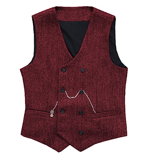 Herren Jahrgang Anzug Weste Zweireihig Wolle Tweed Weste für Hochzeit Groomsmen（Burgund，S) von Solovedress