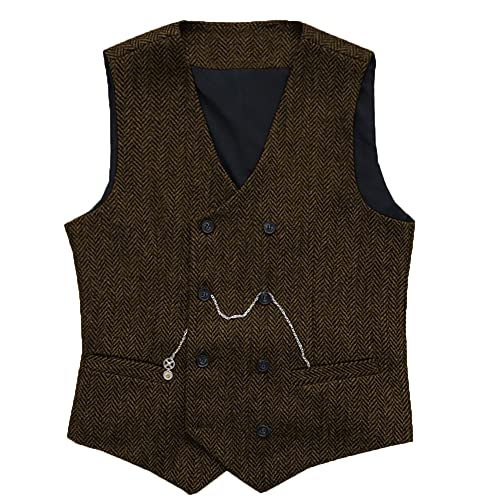 Herren Jahrgang Anzug Weste Zweireihig Wolle Tweed Weste für Hochzeit Groomsmen(Kaffee,XS） von Solovedress