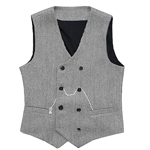 Herren Jahrgang Anzug Weste Zweireihig Wolle Tweed Weste für Hochzeit Groomsmen(Silber-Grau,L) von Solovedress