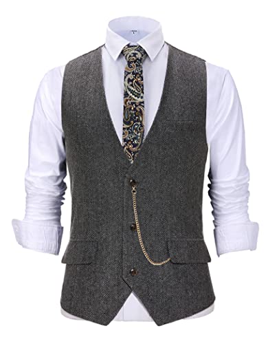 Herren Vintage Wolle Anzug Weste V-Ausschnitt Tweed Weste für formelle Kleidung, Arbeit Hochzeit Trauzeugen, grau, M von Solovedress