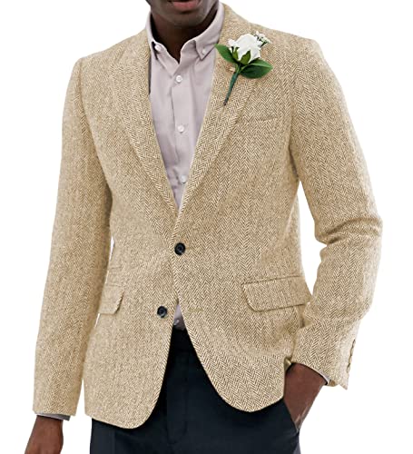 Sakko Herren Regular Fit Klassisch Blazer Tweed Anzugjacke Wolle für Hochzeitsfeier(Champagner,L) von Solovedress