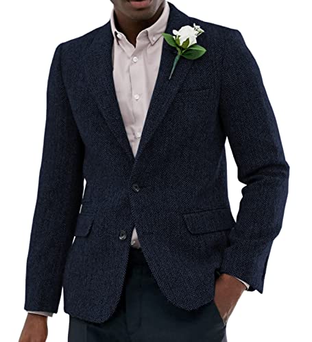 Sakko Herren Regular Fit Klassisch Blazer Tweed Anzugjacke Wolle für Hochzeitsfeier(Marine,L) von Solovedress