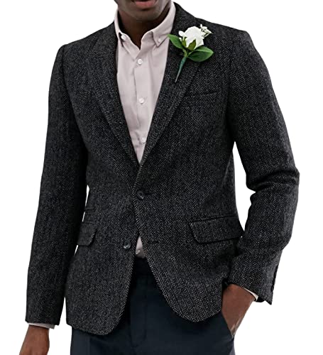 Sakko Herren Regular Fit Klassisch Blazer Tweed Anzugjacke Wolle für Hochzeitsfeier(Schwarz,L) von Solovedress