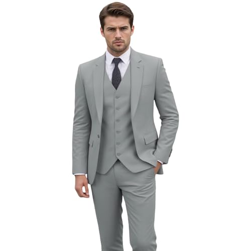 Solovedress Anzüge für Herren 3 Teilig Klassischer Herrenanzug Blazer Sakko Hose Weste Regular Fit für Hochzeiten und Geschäft (Silber,4XL) von Solovedress