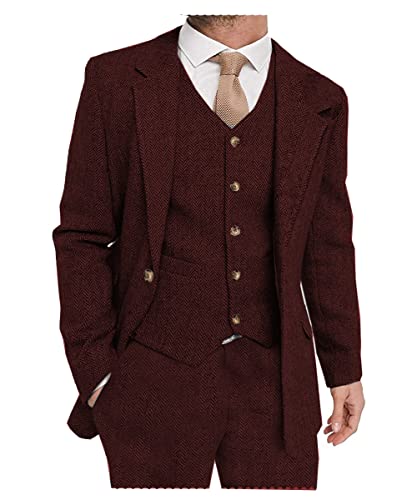 Solovedress Herren Anzuge 3 Teilig Klassischer Smoking Tweed-Wolle für Hochzeit (Blazer +Weste+ Hose)(Burgund,S) von Solovedress