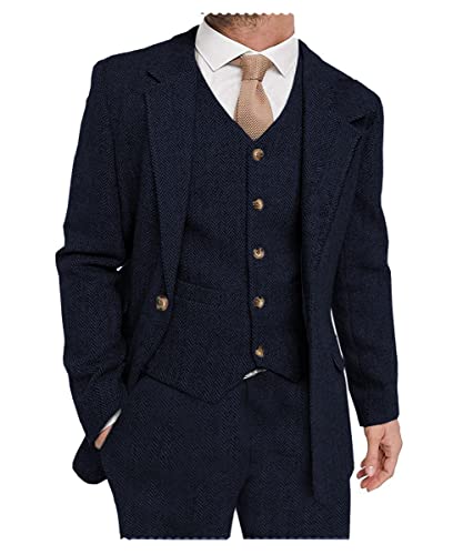 Solovedress Herren Anzuge 3 Teilig Klassischer Smoking Tweed-Wolle für Hochzeit (Blazer +Weste+ Hose)(Marine,L) von Solovedress