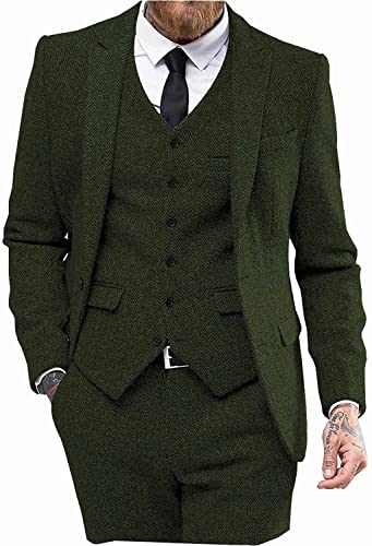 Solovedress Anzüge für Herren 3 Teilig Klassischer Smoking Tweed-Wolle für Hochzeit (Blazer +Weste+ Hose)(Armeegrün,L) von Solovedress