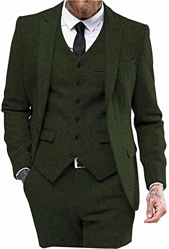 Solovedress Anzüge für Herren 3 Teilig Klassischer Smoking Tweed-Wolle für Hochzeit (Blazer +Weste+ Hose)(Armeegrün,M) von Solovedress