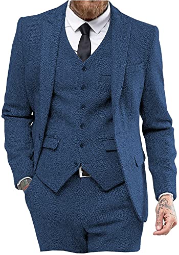 Solovedress Anzüge für Herren 3 Teilig Klassischer Smoking Tweed-Wolle für Hochzeit (Blazer +Weste+ Hose)(Blau,3XL) von Solovedress