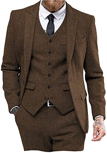 Solovedress Anzüge für Herren 3 Teilig Klassischer Smoking Tweed-Wolle für Hochzeit (Blazer +Weste+ Hose)(Braun,3XL) von Solovedress