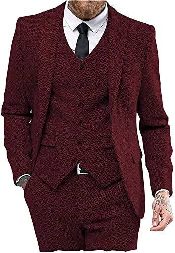 Solovedress Anzüge für Herren 3 Teilig Klassischer Smoking Tweed-Wolle für Hochzeit (Blazer +Weste+ Hose)(Burgund,3XL) von Solovedress