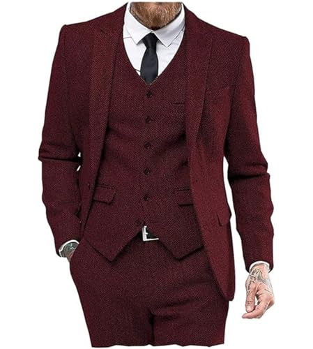 Solovedress Anzüge für Herren 3 Teilig Klassischer Smoking Tweed-Wolle für Hochzeit (Blazer +Weste+ Hose)(Burgund,S) von Solovedress