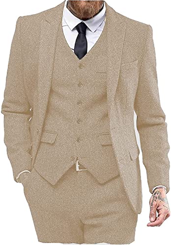 Solovedress Anzüge für Herren 3 Teilig Klassischer Smoking Tweed-Wolle für Hochzeit (Blazer +Weste+ Hose)(Champagner,L) von Solovedress