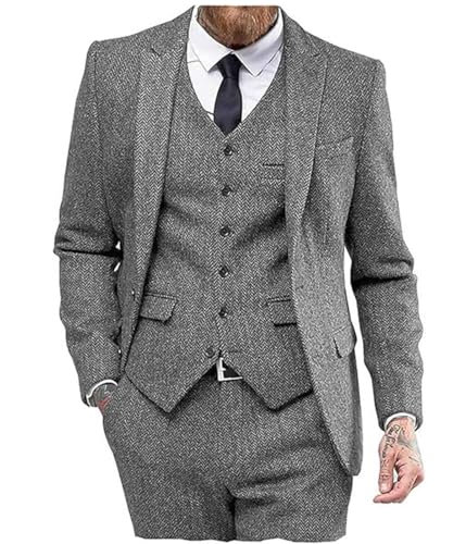 Solovedress Anzüge für Herren 3 Teilig Klassischer Smoking Tweed-Wolle für Hochzeit (Blazer +Weste+ Hose)(Grau,M) von Solovedress