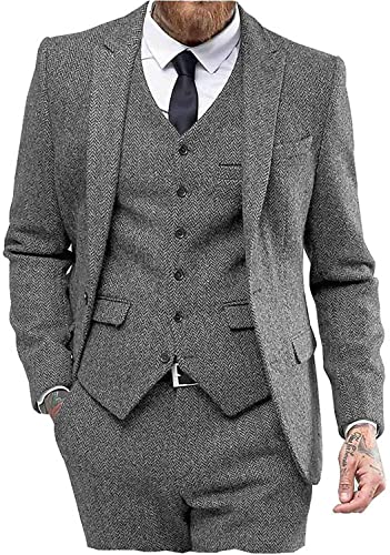 Solovedress Anzüge für Herren 3 Teilig Klassischer Smoking Tweed-Wolle für Hochzeit (Blazer +Weste+ Hose)(Grau,XL) von Solovedress