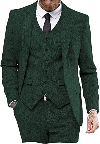 Solovedress Anzüge für Herren 3 Teilig Klassischer Smoking Tweed-Wolle für Hochzeit (Blazer +Weste+ Hose)(Jagdgrün,3XL) von Solovedress