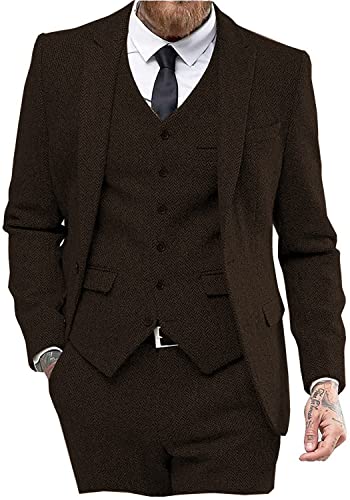 Solovedress Anzüge für Herren 3 Teilig Klassischer Smoking Tweed-Wolle für Hochzeit (Blazer +Weste+ Hose)(Kaffee,L) von Solovedress